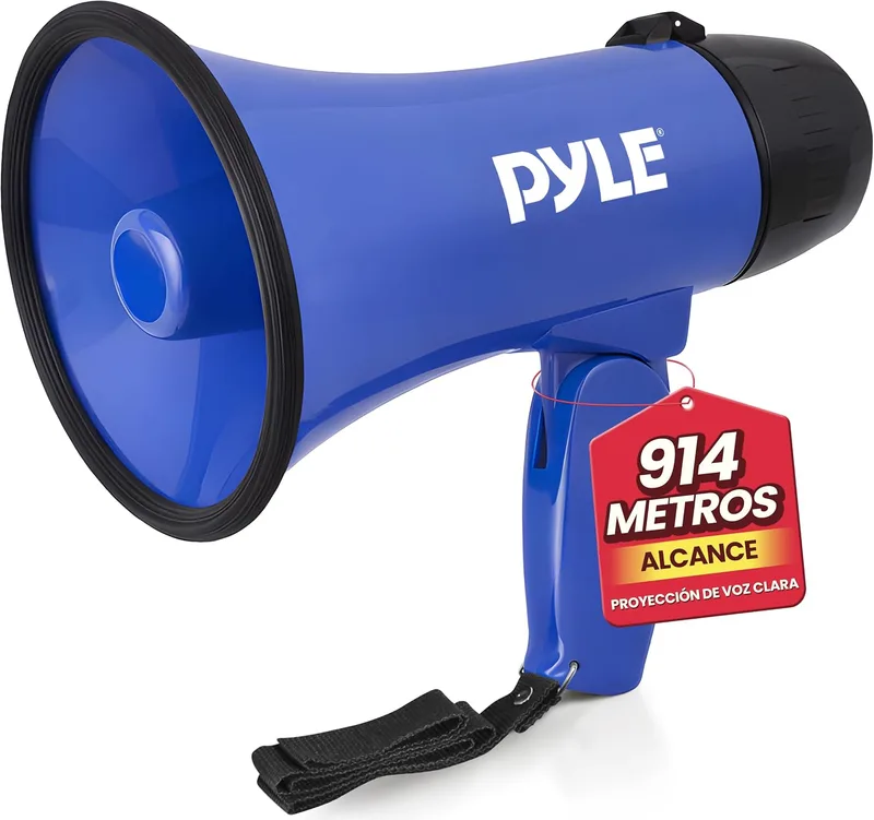 Pyle ▫️ Altifalante portátil Megáfono Siren Bullhorn – Compacto e alimentado a bateria, com 20 W de potência, microfone, 2 modos, som PA e pega dobrável para animadores de clube e uso policial
