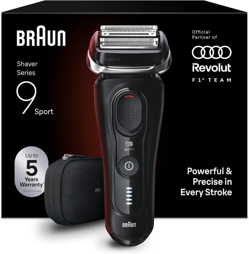 Braun ▫️ Series 9 Sport Máquina de barbear elétrica para homem, 9110si, Preto | Máquina de barbear à prova de água, com base de carregamento e estojo de viagem, cabeça flexível com tecnologia 4+1, recarregável