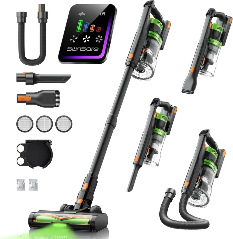 SunSare ▫️ Aspirador sem fio 600 W/50 kPa/65 min (modo Eco), 1,8 L, aspirador sem fio com mangueira de 1 m, aromaterapia, luz LED verde, ecrã LED inteligente, para pêlos de animais de estimação, tapetes, pavimentos, carro