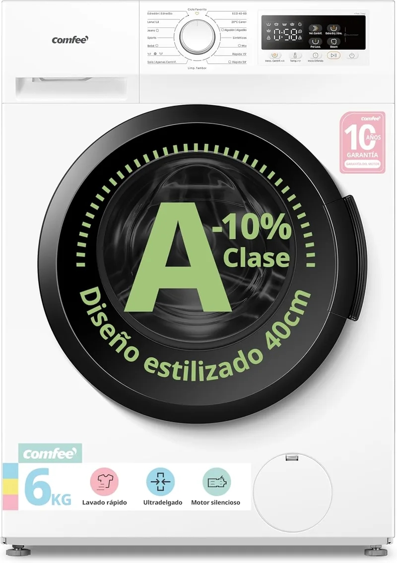 Comfee ▫️ Máquina de lavar roupa «» de 6 kg, ultrafina de 40 cm, Classe A-10%, 1200 RPM, CFP01EW60W | Lavagem rápida, 16 programas, vapor higiénico, Baby Care, limpeza do tambor, motor BLDC com inversor, branco, L*A*P - 59,5*85*40 cm