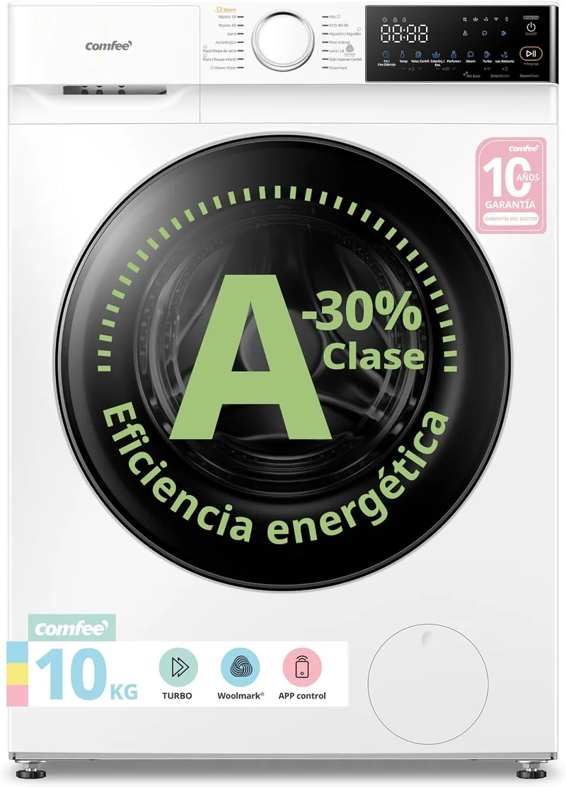 Comfee ▫️ Máquina de lavar roupa «» 10 kg, Classe A -30%, 1400 RPM, Smart Wash, Branca, CF10EWP07W