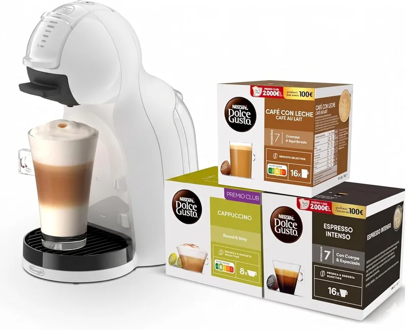 Nescafé Dolce Gusto ▫️ De’Longhi Mini Me 2 – Máquina de café automática de cápsulas, 15 bar, controlo LED, bebidas quentes e frias, design compacto, conjunto com 3 pacotes de cápsulas intensas, branca (EDG335.W)
