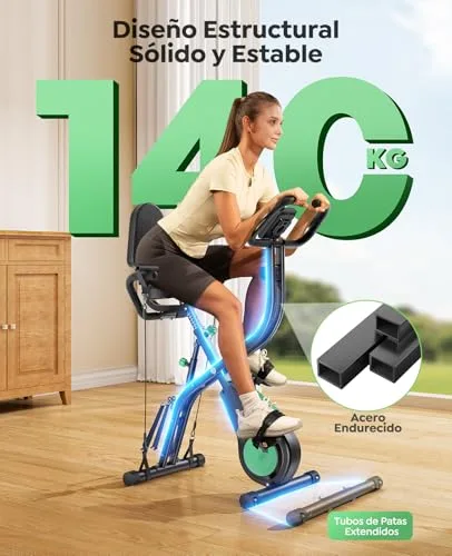Toputure ▫️ Bicicleta Estática 5 em 1 com Aplicação, Bicicleta Estática Dobrável para Casa e Espaços Reduzidos, 16 Níveis, Magnética e Silenciosa, com Fitas de Resistência, Encosto e Pulsómetro, Máx. 140 kg 2