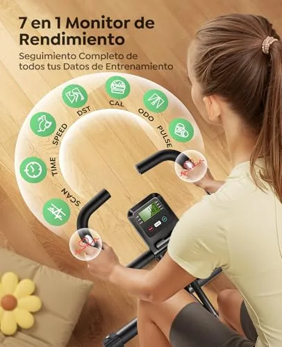 Toputure ▫️ Bicicleta Estática 5 em 1 com Aplicação, Bicicleta Estática Dobrável para Casa e Espaços Reduzidos, 16 Níveis, Magnética e Silenciosa, com Fitas de Resistência, Encosto e Pulsómetro, Máx. 140 kg 3