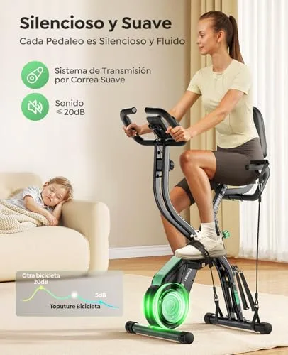 Toputure ▫️ Bicicleta Estática 5 em 1 com Aplicação, Bicicleta Estática Dobrável para Casa e Espaços Reduzidos, 16 Níveis, Magnética e Silenciosa, com Fitas de Resistência, Encosto e Pulsómetro, Máx. 140 kg 4