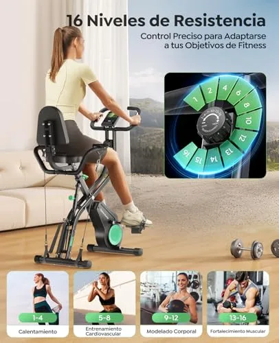 Toputure ▫️ Bicicleta Estática 5 em 1 com Aplicação, Bicicleta Estática Dobrável para Casa e Espaços Reduzidos, 16 Níveis, Magnética e Silenciosa, com Fitas de Resistência, Encosto e Pulsómetro, Máx. 140 kg 5