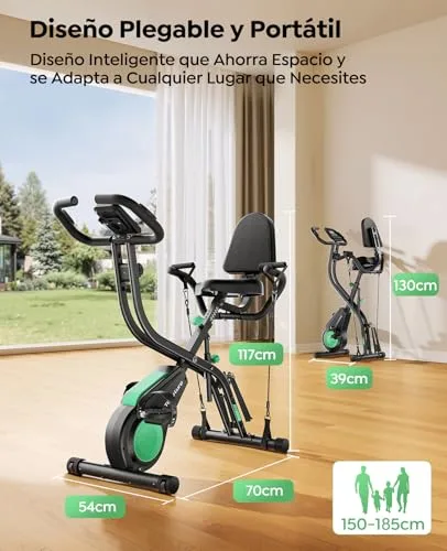 Toputure ▫️ Bicicleta Estática 5 em 1 com Aplicação, Bicicleta Estática Dobrável para Casa e Espaços Reduzidos, 16 Níveis, Magnética e Silenciosa, com Fitas de Resistência, Encosto e Pulsómetro, Máx. 140 kg 6