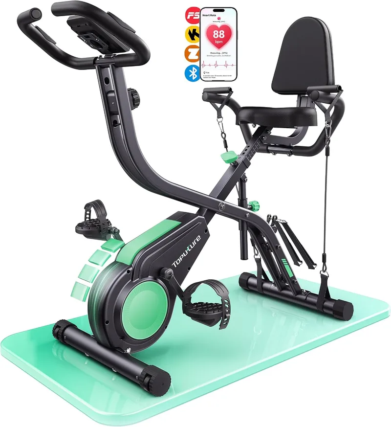 Toputure ▫️ Bicicleta Estática 5 em 1 com Aplicação, Bicicleta Estática Dobrável para Casa e Espaços Reduzidos, 16 Níveis, Magnética e Silenciosa, com Fitas de Resistência, Encosto e Pulsómetro, Máx. 140 kg