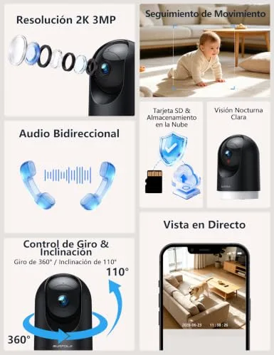 Surfola ▫️ Câmara Interior 2K, câmara para animais de estimação com deteção de movimento, câmara de segurança doméstica CCTV Wi-Fi com visão noturna, compatível com Alexa/Google, sem mensalidade 3