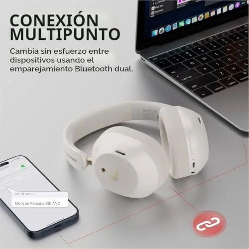 Monster ▫️ Auscultadores sem fios MS-Persona6W com ANC, Bluetooth 6.0, cancelamento ativo de ruído, 60 horas de autonomia, som estéreo Hi-Fi, 3 modos de equalização, branco 5