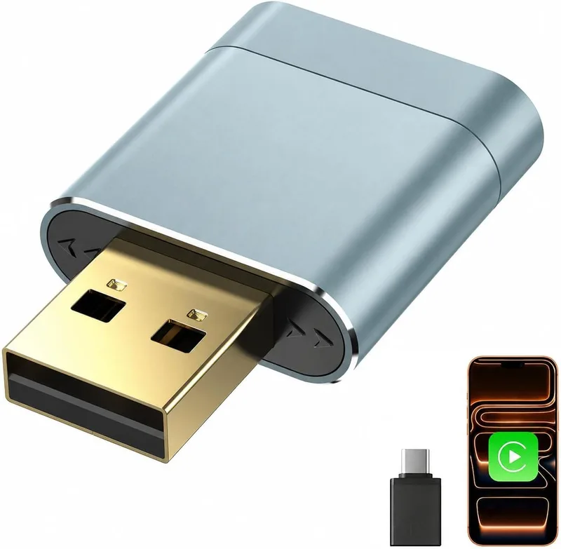 FlyJunct ▫️ Adaptador CarPlay sem fios para Apple CarPlay, USB-A/USB-C metálico, ligação rápida e estável, transforma o CarPlay com cabo numa ligação sem fios, compatível com iPhone iOS 10+