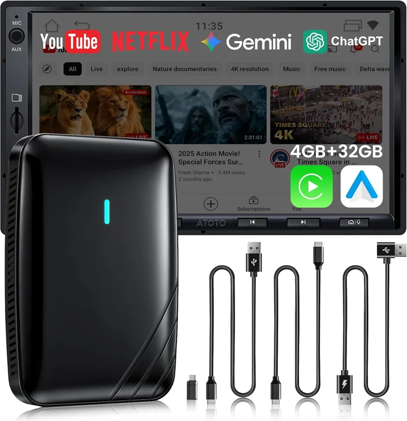 ATOTODIRECT ▫️ Adaptador sem fios CarPlay e Android Auto, AI Box CarPlay Video 3 em 1 para cabo OEM CP/AA, 4G+32G, WiFi duplo e concentrador Bluetooth IoT, para Netflix/YouTube/TikTok, DriveChat AI Voice, CB4B