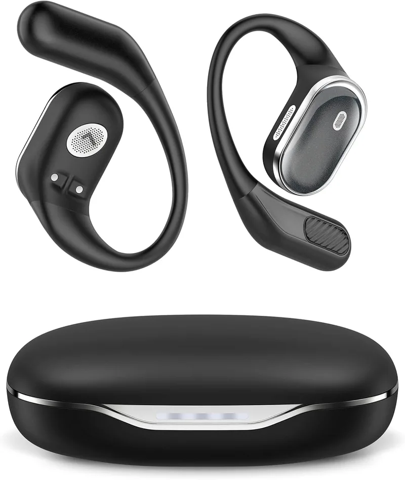 TRAUSI ▫️ Auscultadores sem fios de ouvido aberto com Bluetooth 5.4, 50 horas de autonomia, som estéreo e cancelamento de ruído ENC; auscultadores resistentes à água (IPX7) com gancho ergonómico para desporto