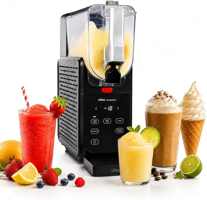 Ufesa ▫️ Máquina de granizado Slushissimo, 500 W, sem gelo, 6 programas automáticos, ecrã com temperatura em tempo real, bebidas prontas em 20 minutos, capacidade máxima de 2,8 L, autolimpeza, tecnologia FrostControl