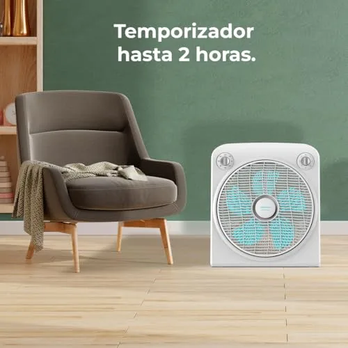 Cecotec ▫️ Ventilador de chão branco 6000 Power Box Cool. Motor de cobre, 50 W, diâmetro de 12" com 5 pás, grelha giratória, 3 velocidades, temporizador de 2 horas, utilização simples e segura 6