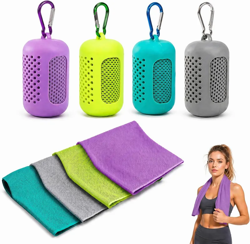 Haoutdory ▫️ Toalha Refrescante, 4 Unidades, Toalha de Microfibra com Efeito Refrescante e Secagem Rápida, Toalha Desportiva Refrescante para Fitness, Corrida, Ioga e Ginásio, Toalha Leve e Respirável, 30 x 90 cm, com Capa de Silicone