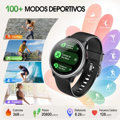 Motast ▫️ Relógio inteligente redondo para mulher e homem, relógio desportivo para mulher com 3 ATM, preto 4