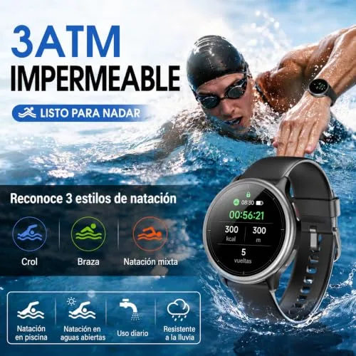 Motast ▫️ Relógio inteligente redondo para mulher e homem, relógio desportivo para mulher com 3 ATM, preto 5