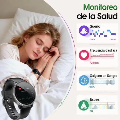 Motast ▫️ Relógio inteligente redondo para mulher e homem, relógio desportivo para mulher com 3 ATM, preto 6