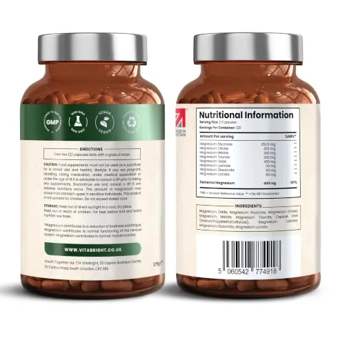 VitaBright ▫️ Complexo de Magnésio 8 em 1 | 400 mg | 240 Cápsulas Veganas - 4 Meses de Tratamento | Bisglicinato, Citrato, Malato e Taurato de Magnésio | Magnesium Complex 2