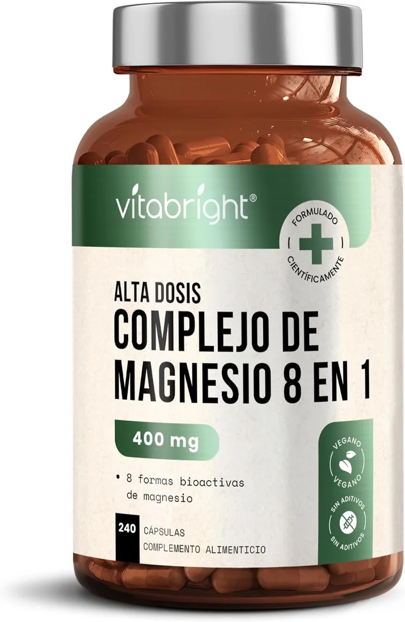 VitaBright ▫️ Complexo de Magnésio 8 em 1 | 400 mg | 240 Cápsulas Veganas - 4 Meses de Tratamento | Bisglicinato, Citrato, Malato e Taurato de Magnésio | Magnesium Complex