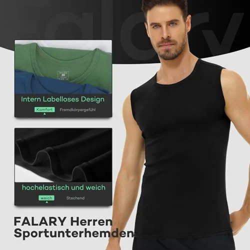 FALARY ▫️ Camisolas de alças para homem, conjunto de 3 camisolas interiores para homem, 100% algodão, branco, preto, azul-marinho, verde-oliva, tamanhos S-5XL 4