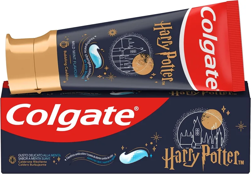 Colgate ▫️ Pasta de dentes infantil Harry Potter Caldeirão Efervescente, a partir dos 6 anos, suave para crianças, teor de flúor recomendado por dentistas, máxima proteção contra a cárie, esmalte 4 vezes mais resistente