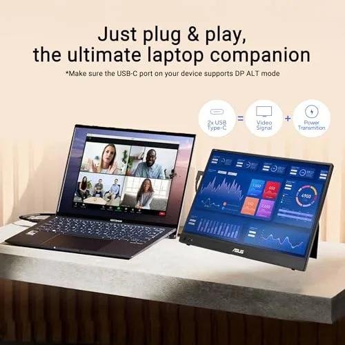 ASUS ▫️ ZenScreen MB16AHVE - Ecrã portátil de 16 polegadas (diagonal útil de 15,6 polegadas), FHD, painel IPS, alimentação por cabo, rotação automática, suporte, USB Type-C®, mini HDMI®, sem cintilação 3