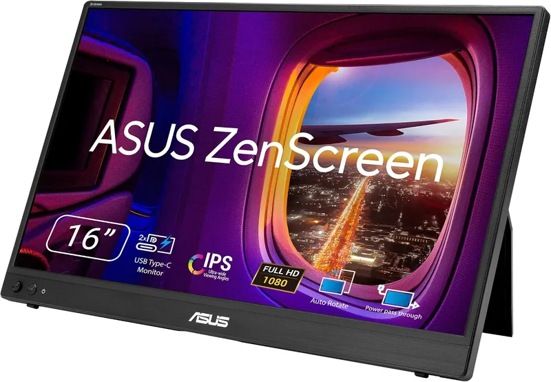 ASUS ▫️ ZenScreen MB16AHVE - Ecrã portátil de 16 polegadas (diagonal útil de 15,6 polegadas), FHD, painel IPS, alimentação por cabo, rotação automática, suporte, USB Type-C®, mini HDMI®, sem cintilação