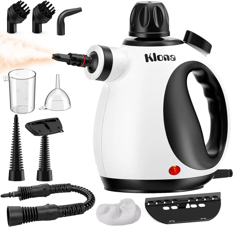 Klona ▫️ Limpador a vapor portátil para uso doméstico, limpador a vapor multifunções com 10 acessórios para tapetes, cortinas, sofás, cozinha, casa de banho e muito mais.