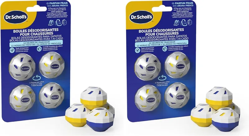 Dr. Scholl's ▫️ Bolas desodorizantes x4 Mantêm os teus sapatos, sacos de desporto e mochilas com um cheiro fresco, clinicamente testadas, frescura durante todo o dia, reutilizáveis e de longa duração (Embalagem de 2)