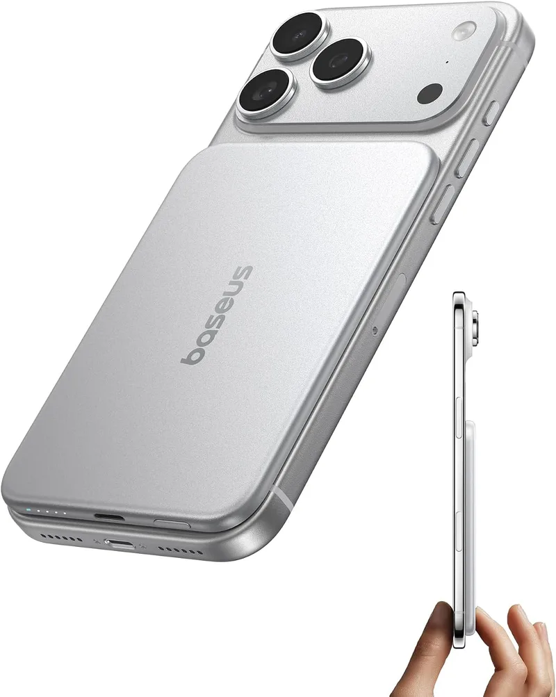 Baseus ▫️ Picogo AM71 - Carregador portátil Magsafe ultrafino de 0,69 cm, 5000 mAh, certificação CCC, com cabo USB-C de 20 W, bateria externa sem fios para iPhone 17/16/15/14/13, prateado