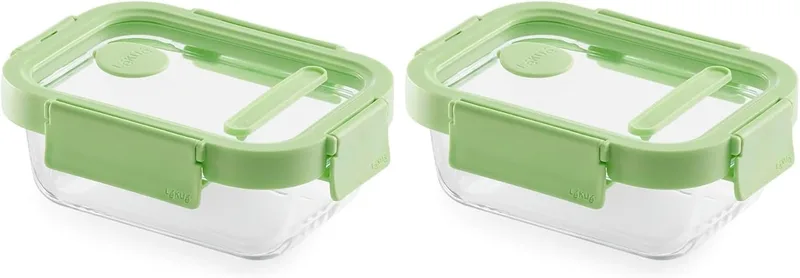 Lékué ▫️ Recipiente hermético de vidro para conservar/congelar alimentos, 370 ml, retangular (Conjunto de 2)