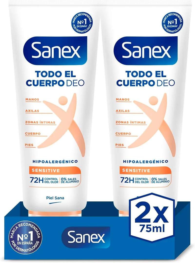 Sanex ▫️ Creme para Todo o Corpo Deo Frescor Total 75 ml, Desodorizante para Mãos, Pés, Axilas, Corpo e Zonas Íntimas, Proteção de 72 horas contra o mau cheiro clinicamente comprovada, Hipoalergénico (Embalagem de 2)