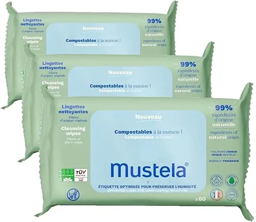 Mustela ▫️ Toalhitas higiénicas perfumadas e compostáveis 100% fibras de lyocell de origem vegetal, para o corpo e maquilhagem, para bebés e toda a família - 99,5% de ingredientes de origem natural (60 unidades) (Embalagem de 3)