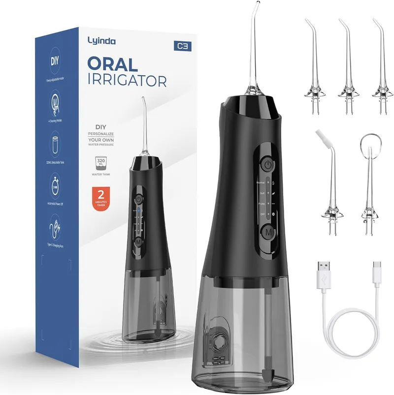 Lyinda ▫️ Irrigador dentário, 320 ml, 4 modos, 5 bicos, IPX7, preto