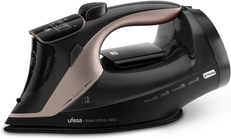 Ufesa ▫️ Ferro a vapor Nova Infinity 3450 W, jato de vapor de 300 g, Vapor contínuo 70 g/min, base cerâmica DualGlide, sistema anticalcário 3 em 1, antigotejamento, bomba de água, depósito de 350 ml, engomagem vertical
