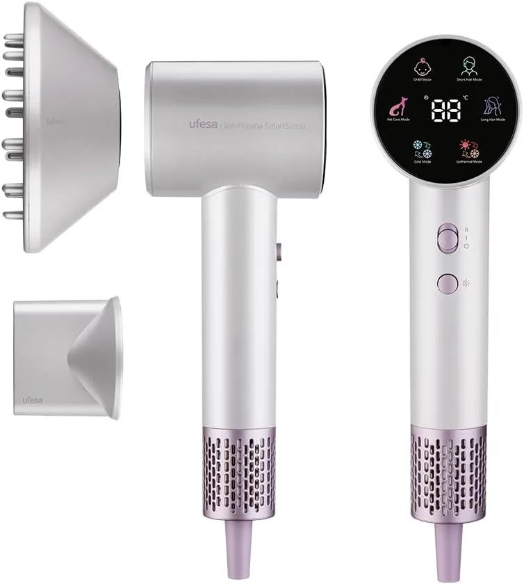 Ufesa ▫️ Secador de cabelo digital Ion-Plasma SmartSense 120 000 rpm, 6 modos, ecrã LCD, adequado para animais de estimação, 2 velocidades, bocal e difusor magnéticos, ultrassilencioso, secador inteligente