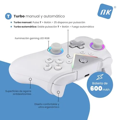 NK ▫️ Controlador sem fios Bluetooth para PC - Compatível com Switch/smartphones Android e iOS, 2 botões de macro, vibração dupla, 6 eixos, luzes LED, cor preta (branca) 3