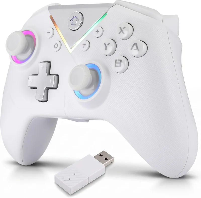 NK ▫️ Controlador sem fios Bluetooth para PC - Compatível com Switch/smartphones Android e iOS, 2 botões de macro, vibração dupla, 6 eixos, luzes LED, cor preta (branca)