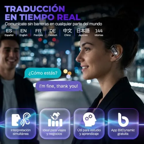 Panda & Bamboo ▫️ IA: Auscultadores com tradução em tempo real, tradutor de voz instantâneo em 144 idiomas, 3 em 1, auscultadores tradutores sem fios, Bluetooth 6.1, 60 horas de autonomia da bateria 2