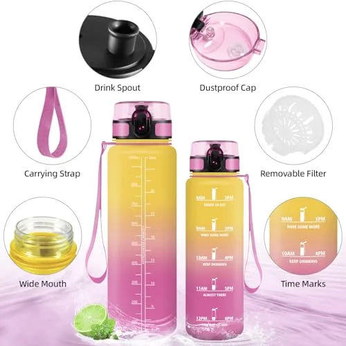 Mulbijeo ▫️ Garrafa de água de 1 litro, sem BPA e à prova de fugas, garrafa de água com palhinha, garrafa de ginásio com marcador de tempo, garrafa desportiva para ciclismo, amarela e rosa 2