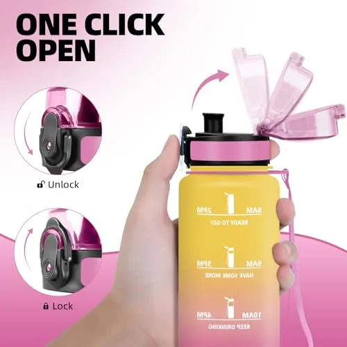 Mulbijeo ▫️ Garrafa de água de 1 litro, sem BPA e à prova de fugas, garrafa de água com palhinha, garrafa de ginásio com marcador de tempo, garrafa desportiva para ciclismo, amarela e rosa 4