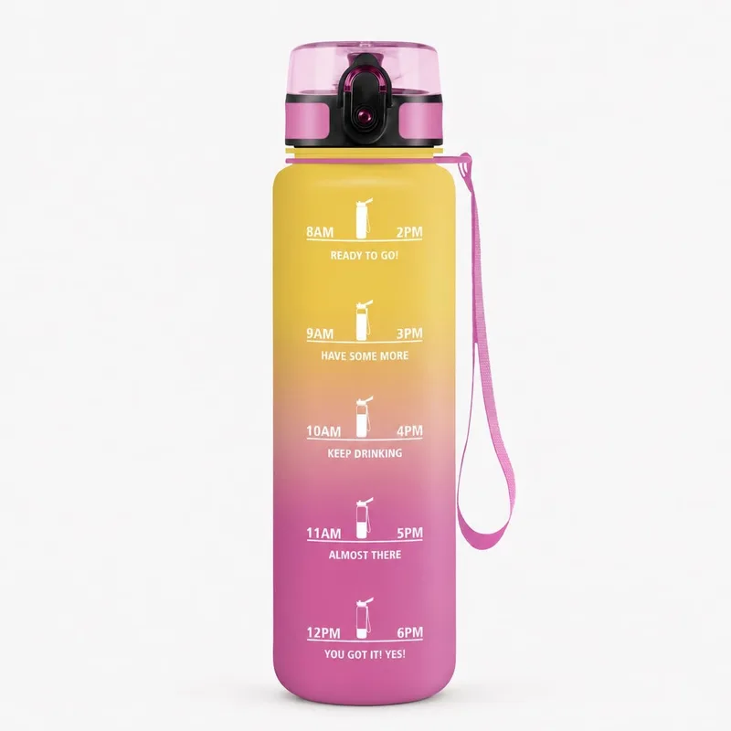 Mulbijeo ▫️ Garrafa de água de 1 litro, sem BPA e à prova de fugas, garrafa de água com palhinha, garrafa de ginásio com marcador de tempo, garrafa desportiva para ciclismo, amarela e rosa