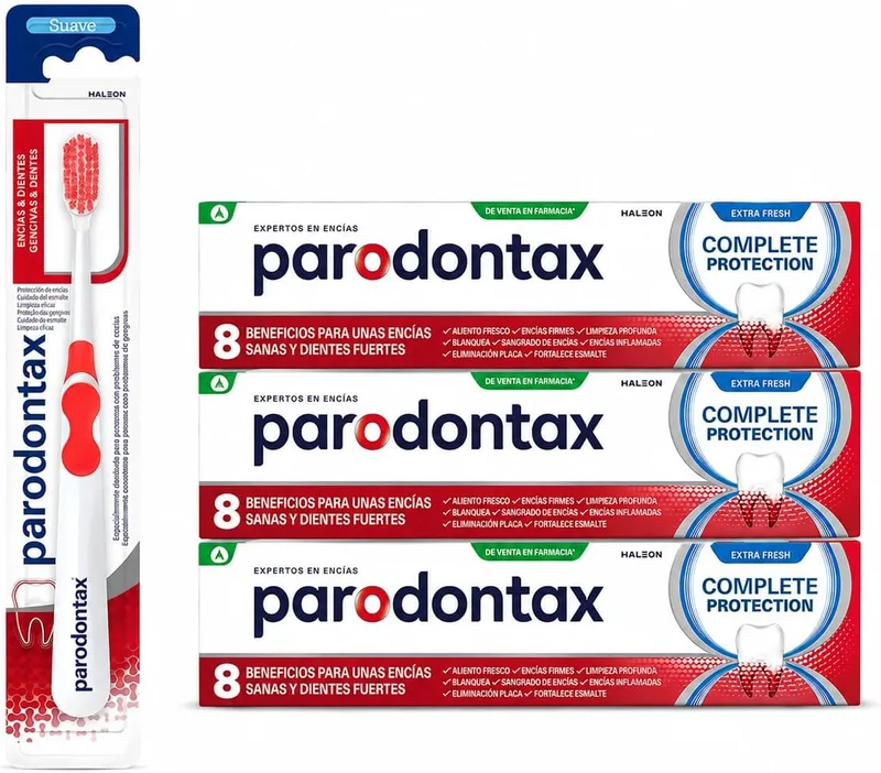 Parodontax ▫️ Conjunto : 3 tubos de pasta de dentes com flúor, Complete Protection, Extra Fresh, 75 ml + 1 escova de dentes suave, para gengivas e dentes, que ajuda a travar e prevenir o sangramento das gengivas
