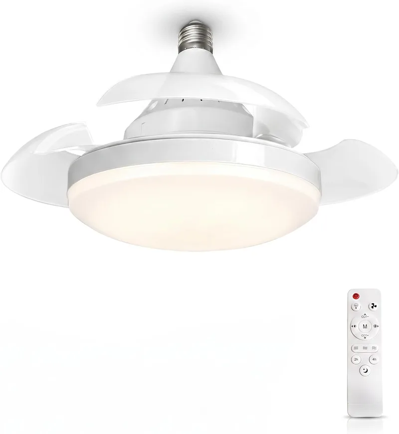 MARSI ▫️ Ventilador de teto com luz LED de 40 cm, lâmpada com casquilho E27, 3 pás retráteis em PC, motor CC, 3 velocidades, luz regulável, comando por infravermelhos, para quarto e escritório