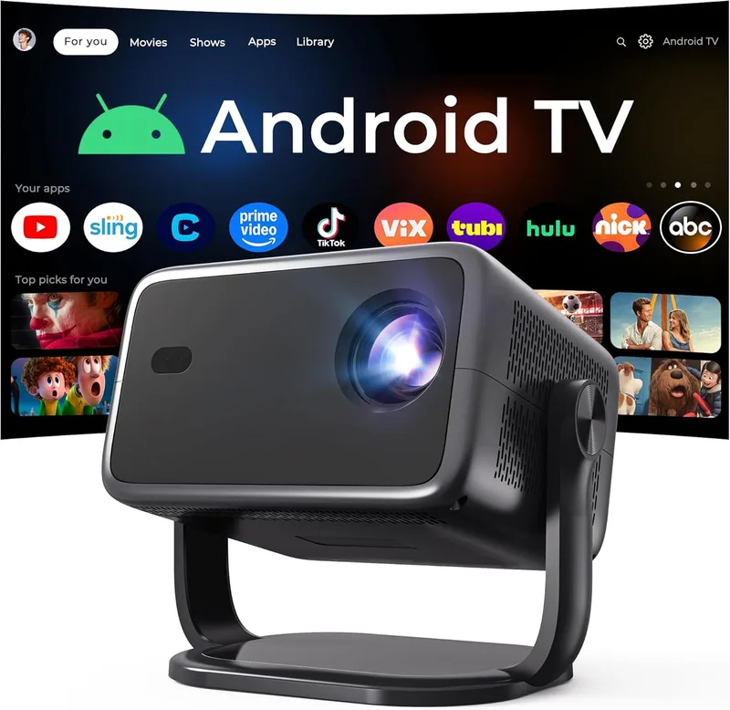 LYNCAST ▫️ Projetor inteligente com resolução nativa de 1080p e 800 ANSI, Android 14, compatível com 4K/8K | Comando remoto Air Mouse, focagem e correção automáticas por IA, Wi-Fi 6 e BT 5.4, áudio de alta resolução, compatível com Netflix