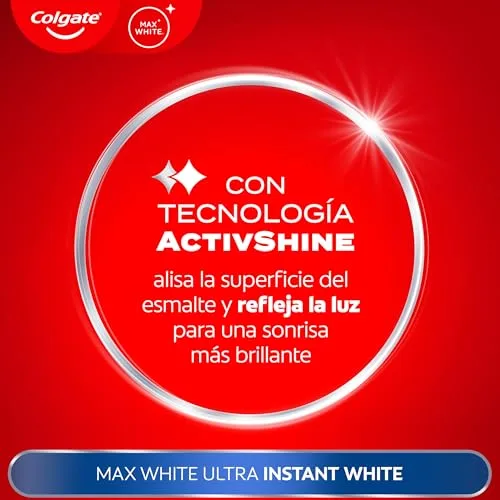 Colgate ▫️ Pasta de dentes Max White Ultra com efeito instantâneo, clareia as manchas profundas em 3 dias; a tecnologia ActiveShine suaviza a superfície do esmalte para refletir a luz; sabor melhorado 3