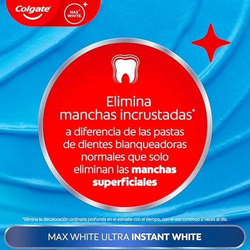 Colgate ▫️ Pasta de dentes Max White Ultra com efeito instantâneo, clareia as manchas profundas em 3 dias; a tecnologia ActiveShine suaviza a superfície do esmalte para refletir a luz; sabor melhorado 5