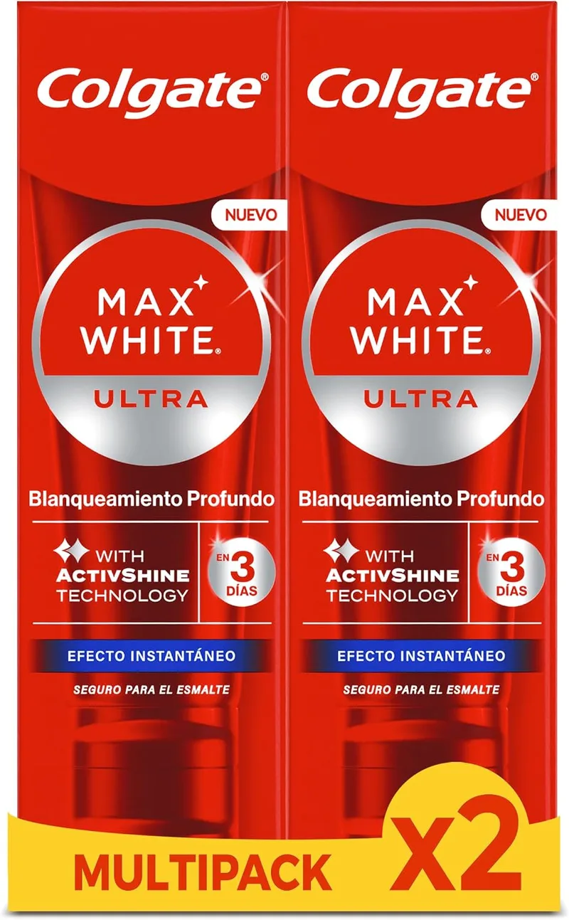 Colgate ▫️ Pasta de dentes Max White Ultra com efeito instantâneo, clareia as manchas profundas em 3 dias; a tecnologia ActiveShine suaviza a superfície do esmalte para refletir a luz; sabor melhorado